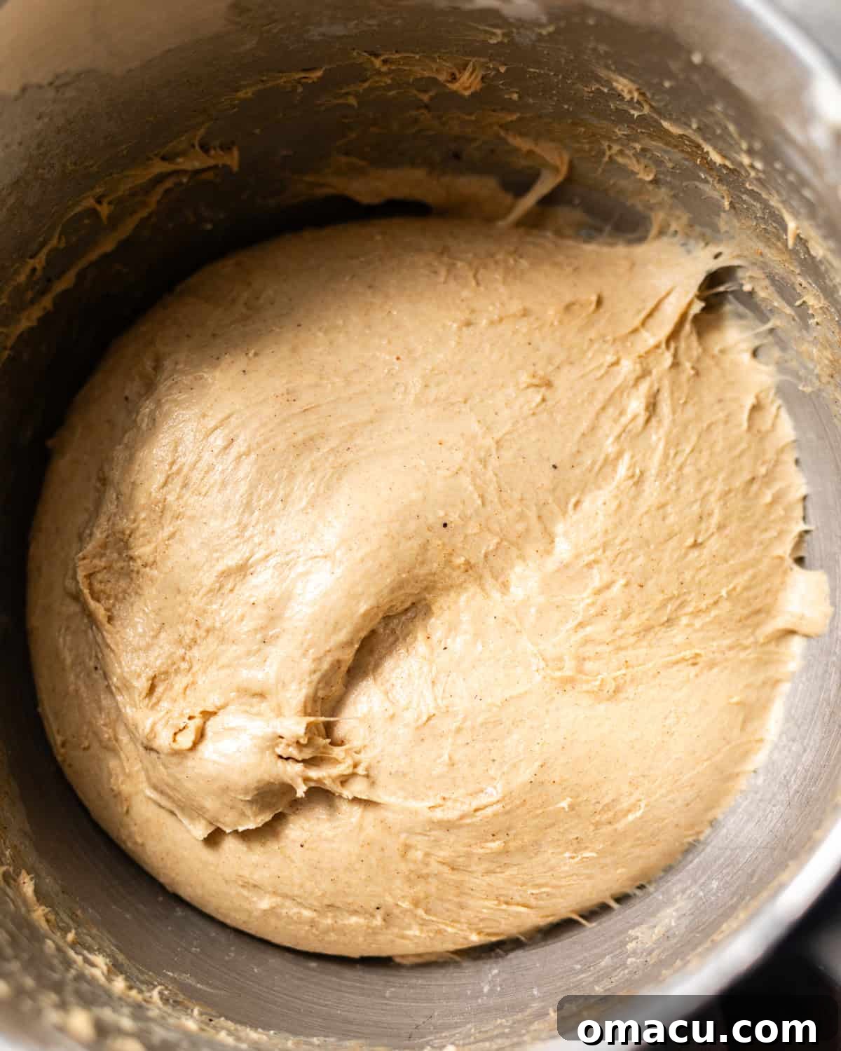Smooth, elastic yeast donut dough kneaded in a stand mixer and ready for its first rise.