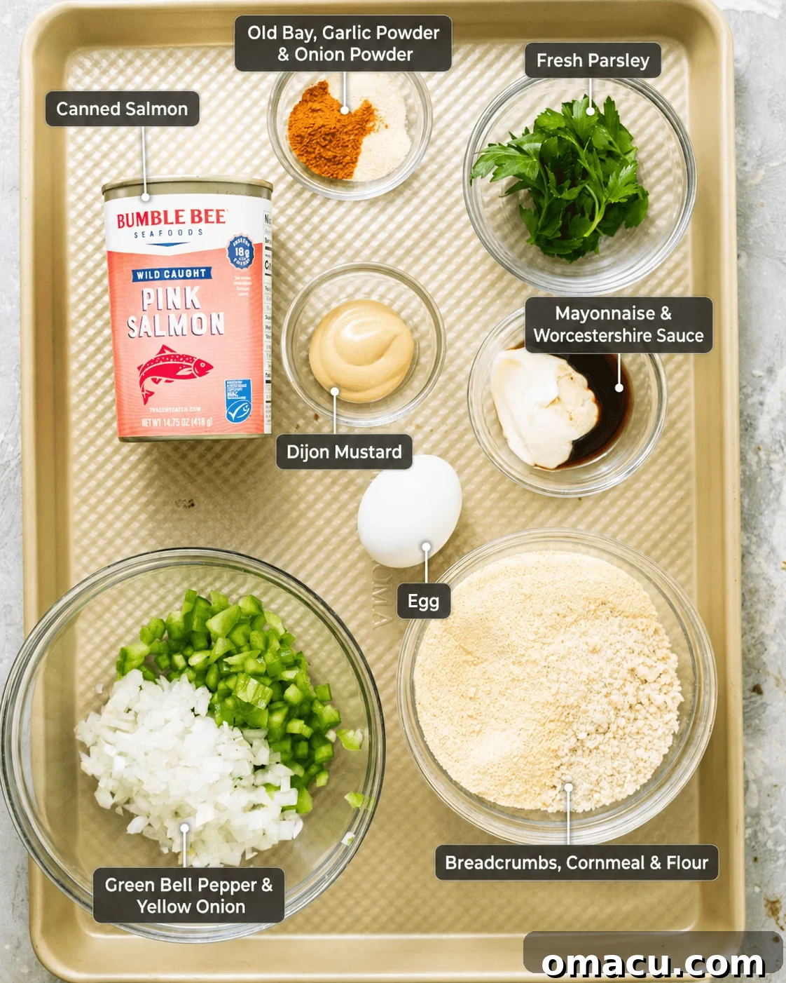 Ingredients for salmon croquettes in small bowls