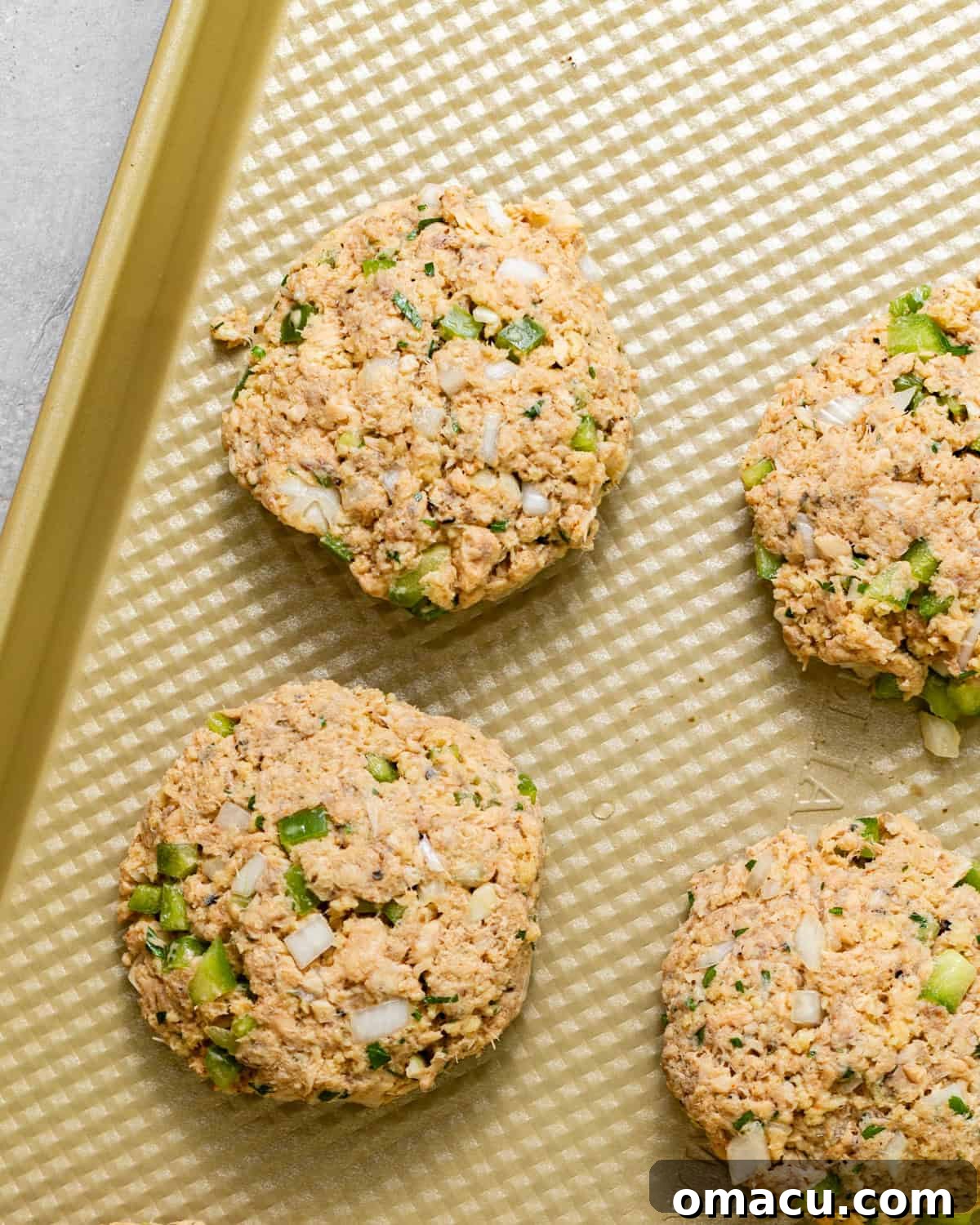 Shaped salmon patties ready for coating