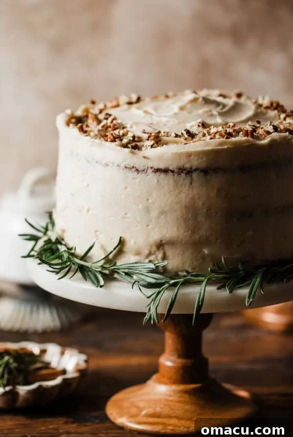 carrot cake on a cake stand.