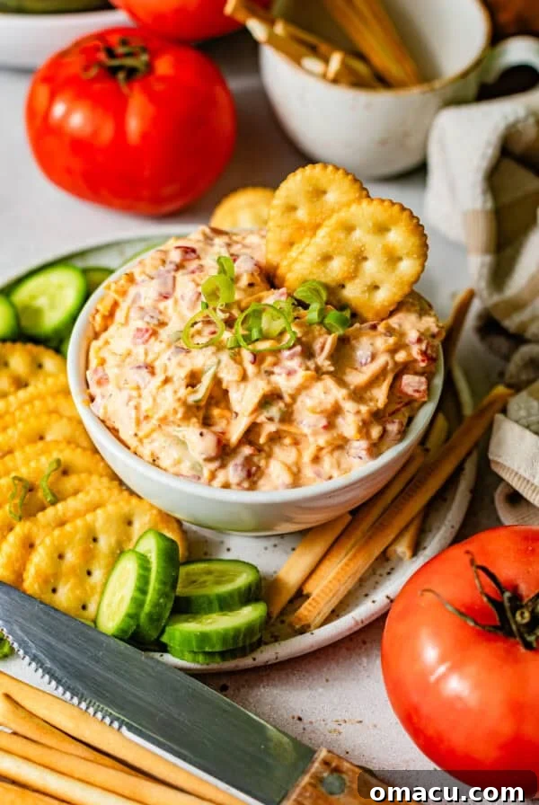 Crispy Southern Fried Green Tomatoes Recipe 10 pimento cheese in a bowl surrounded by crackers, sliced cucumbers, and breadsticks.