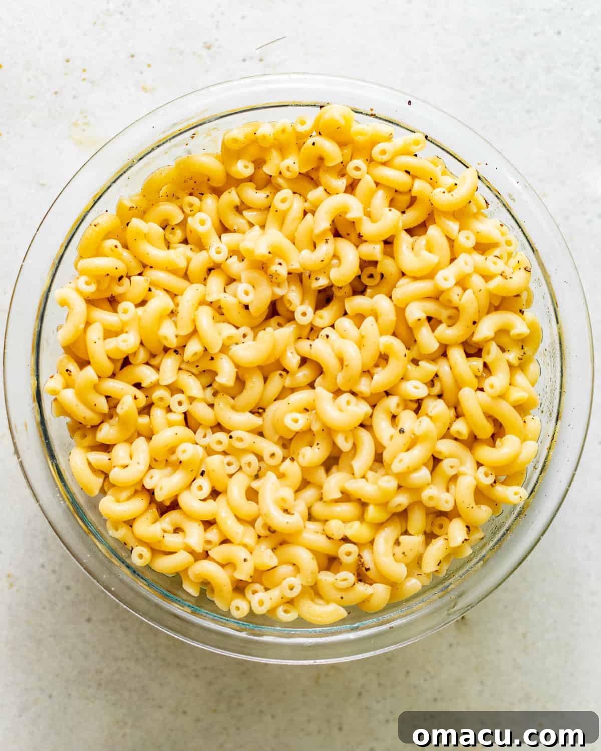 cooked elbow noodles seasoned with salt, pepper, and chicken bouillon paste.