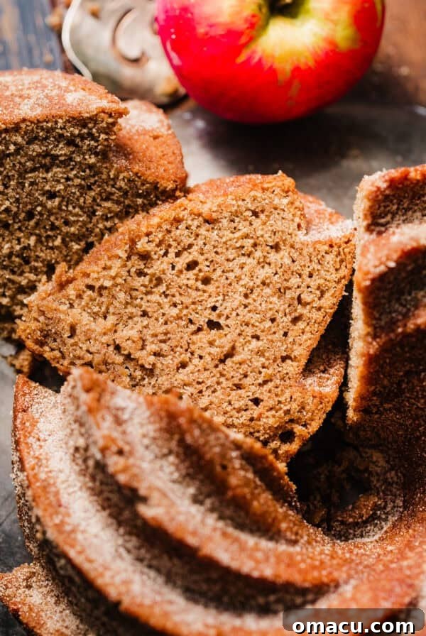 a slice of apple cider cake on a cake plate with an apple.